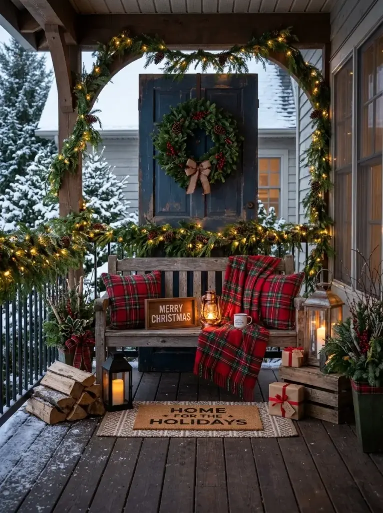 A cozy Christmas porch with plaid cushions, evergreen garlands, warm string lights, lanterns, and festive greenery.