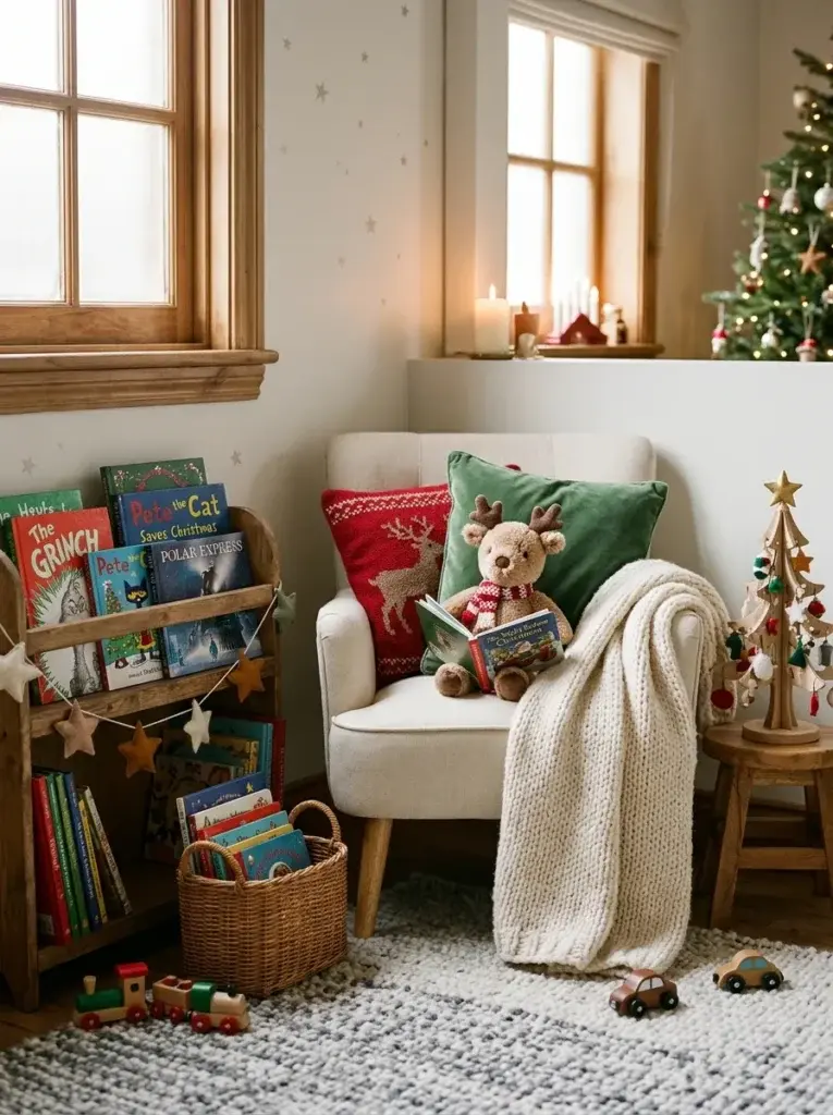 A cozy Christmas reading corner in a child’s bedroom with a cushioned chair, festive pillows, children’s books, and a plush reindeer.