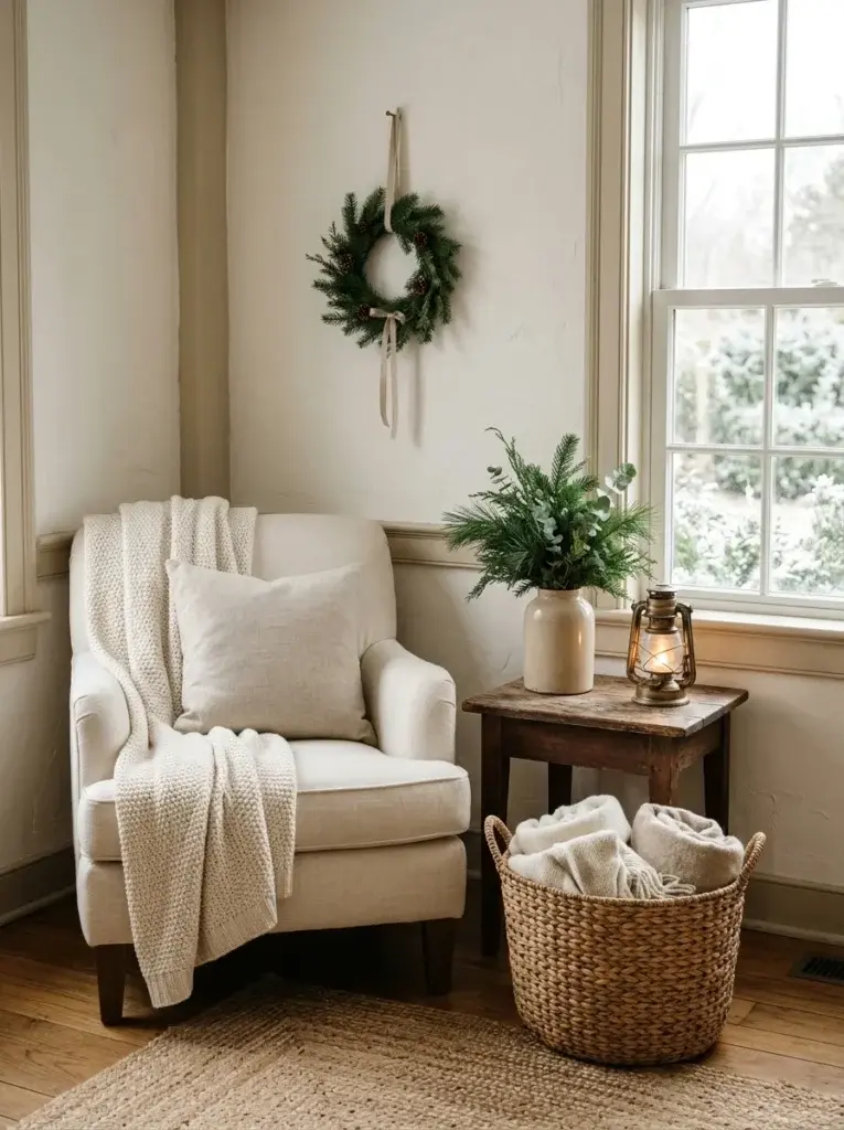 A cozy farmhouse Christmas corner with an evergreen arrangement, cream armchair, and natural wooden accents.