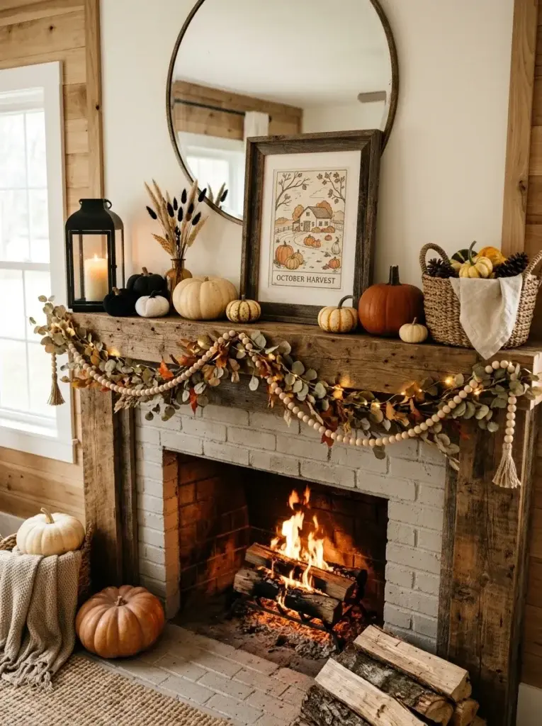 A cozy farmhouse fireplace mantel decorated with reclaimed wood, cream pumpkins, orange gourds, eucalyptus, and black lanterns.
