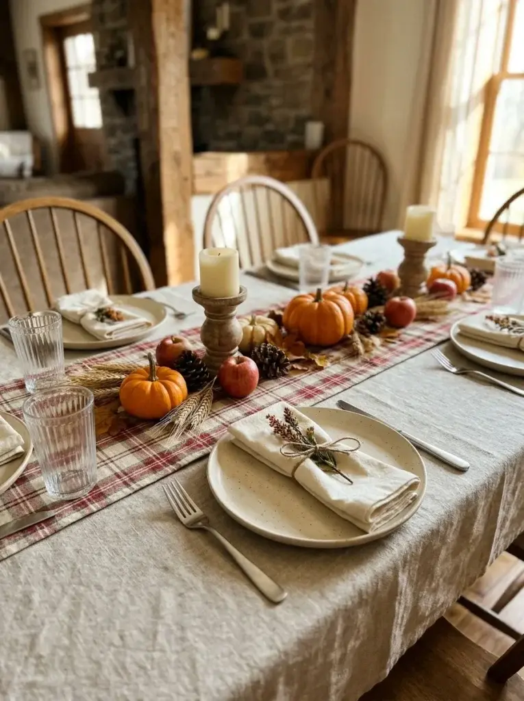 A cozy farmhouse Thanksgiving table featuring a red-and-cream plaid runner, cotton napkins, ivory stoneware, pumpkins, and dried wheat.