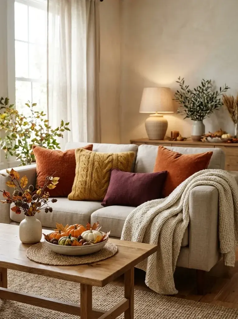 A cozy Thanksgiving living room with rust, mustard, burgundy, and cream cushions layered on a neutral sofa.