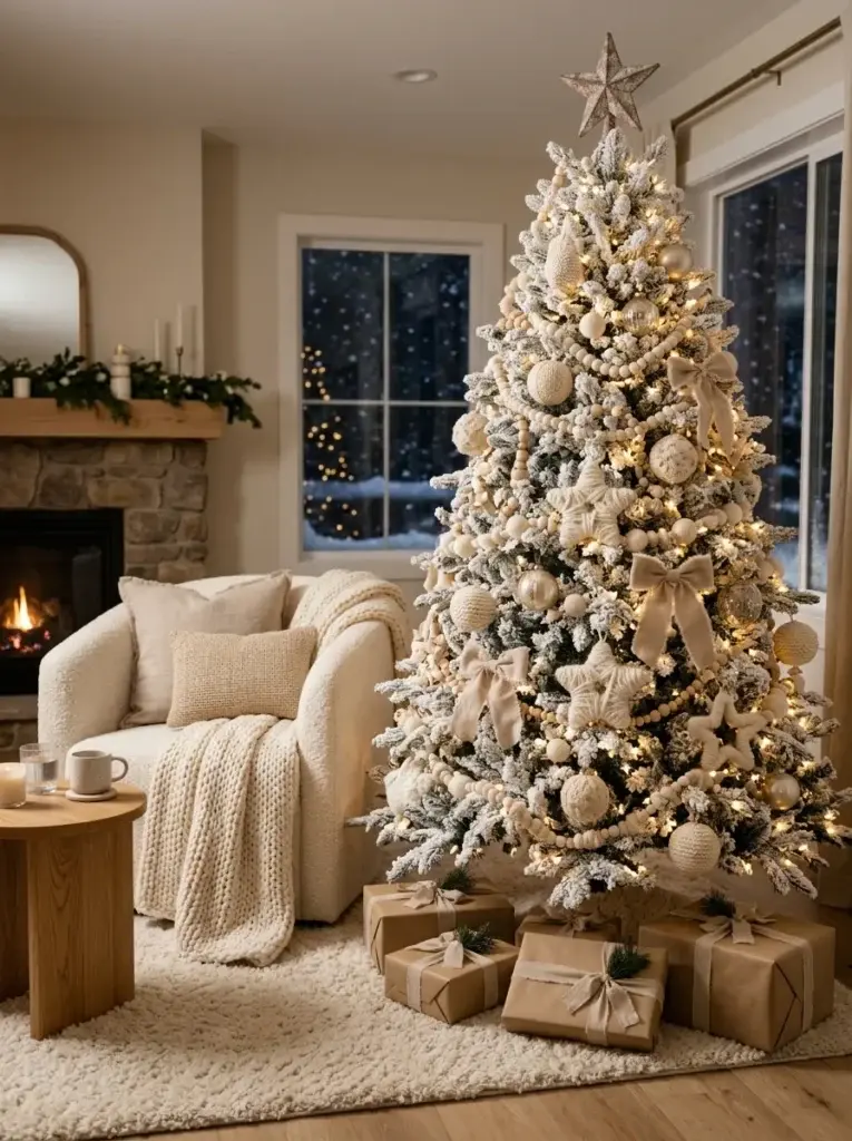 A cozy white Christmas tree featuring knitted cream ornaments, felt stars, beige bows, and warm lights in a neutral living room.