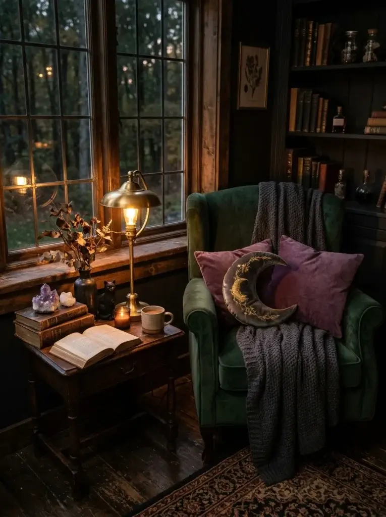 A cozy witchy reading nook with a forest-green velvet chair, charcoal blanket, vintage books, brass lamp, and moon-themed accessories.