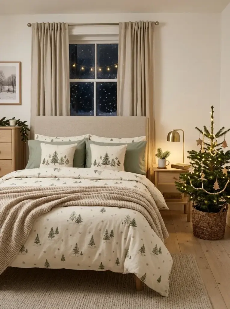 A cream Christmas bedroom featuring evergreen-tree printed duvet covers, sage pillows, and a small decorated tree.