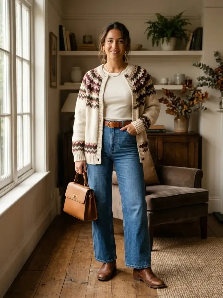 A cream Fair Isle cardigan with burgundy and green patterns, wide-leg blue jeans, brown ankle boots, and a tan handbag.
