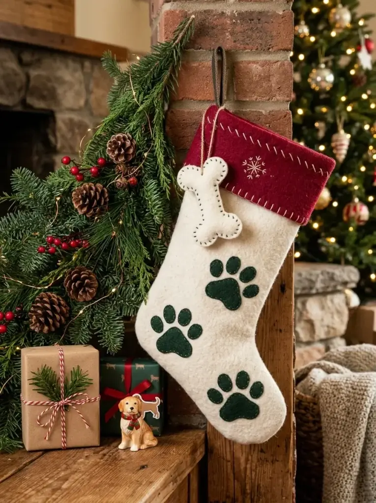A cream felt pet Christmas stocking decorated with dark-green paw prints, a cranberry-red cuff, and a small bone-shaped ornament.