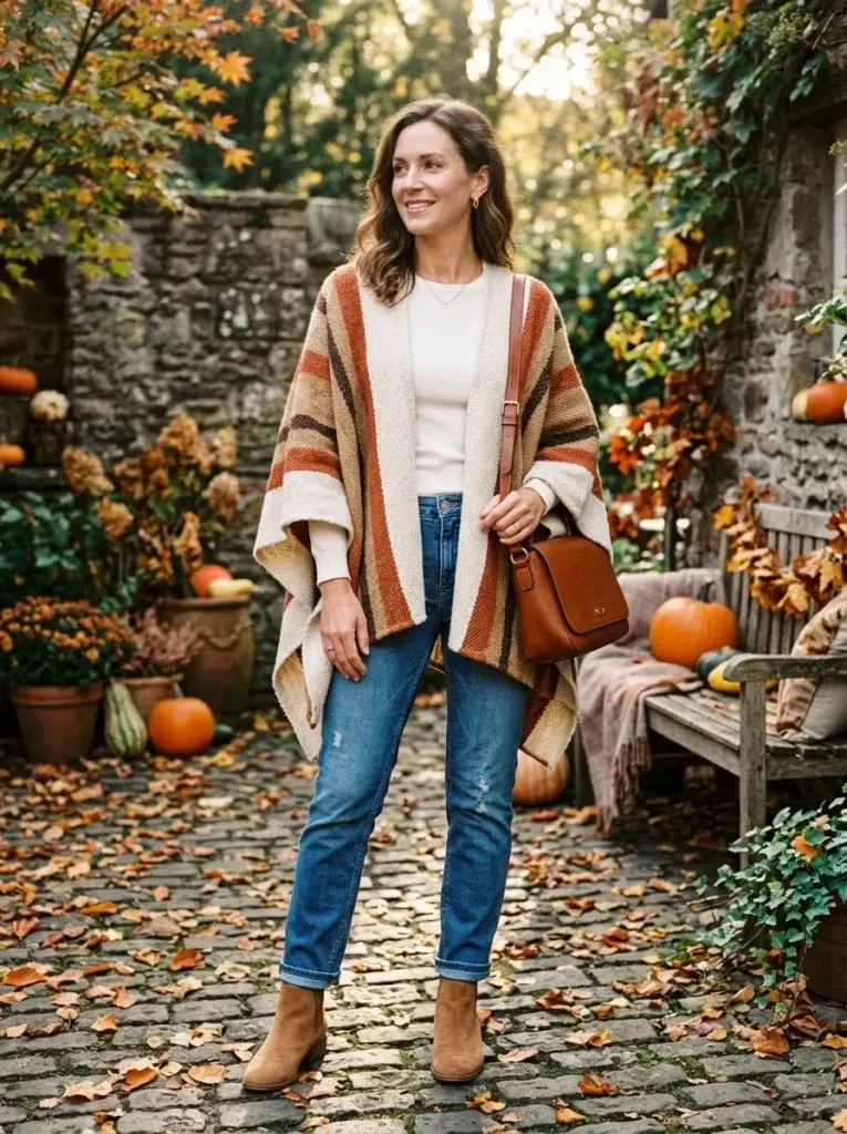 A cream, rust, and brown striped poncho layered over an ivory top with straight-leg jeans and tan suede ankle boots.