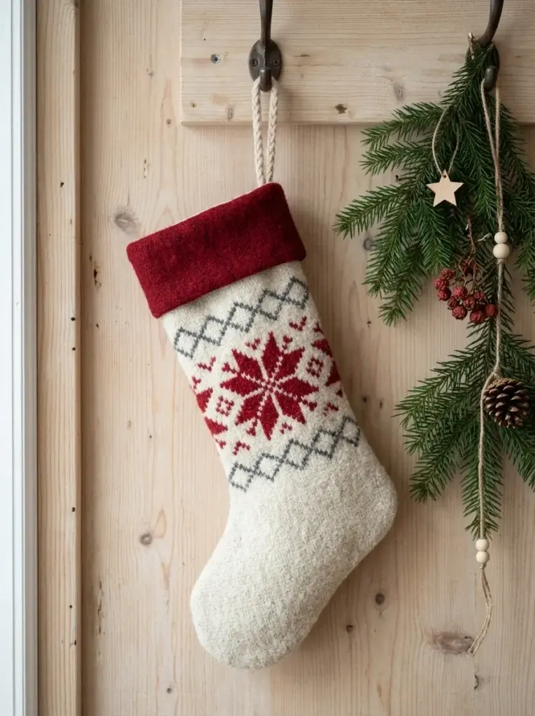 A cream Scandinavian Christmas stocking with red Nordic snowflakes, charcoal geometric diamonds, and a deep-red cuff.