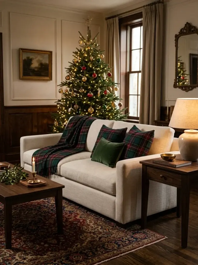 A cream sofa layered with forest-green and burgundy tartan cushions, a plaid wool throw, and velvet accents in a traditional Christmas living room.