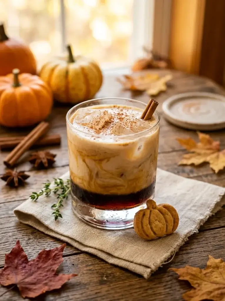 A creamy pumpkin spice White Russian with coffee-colored layers, cinnamon dusting, and miniature autumn pumpkins.