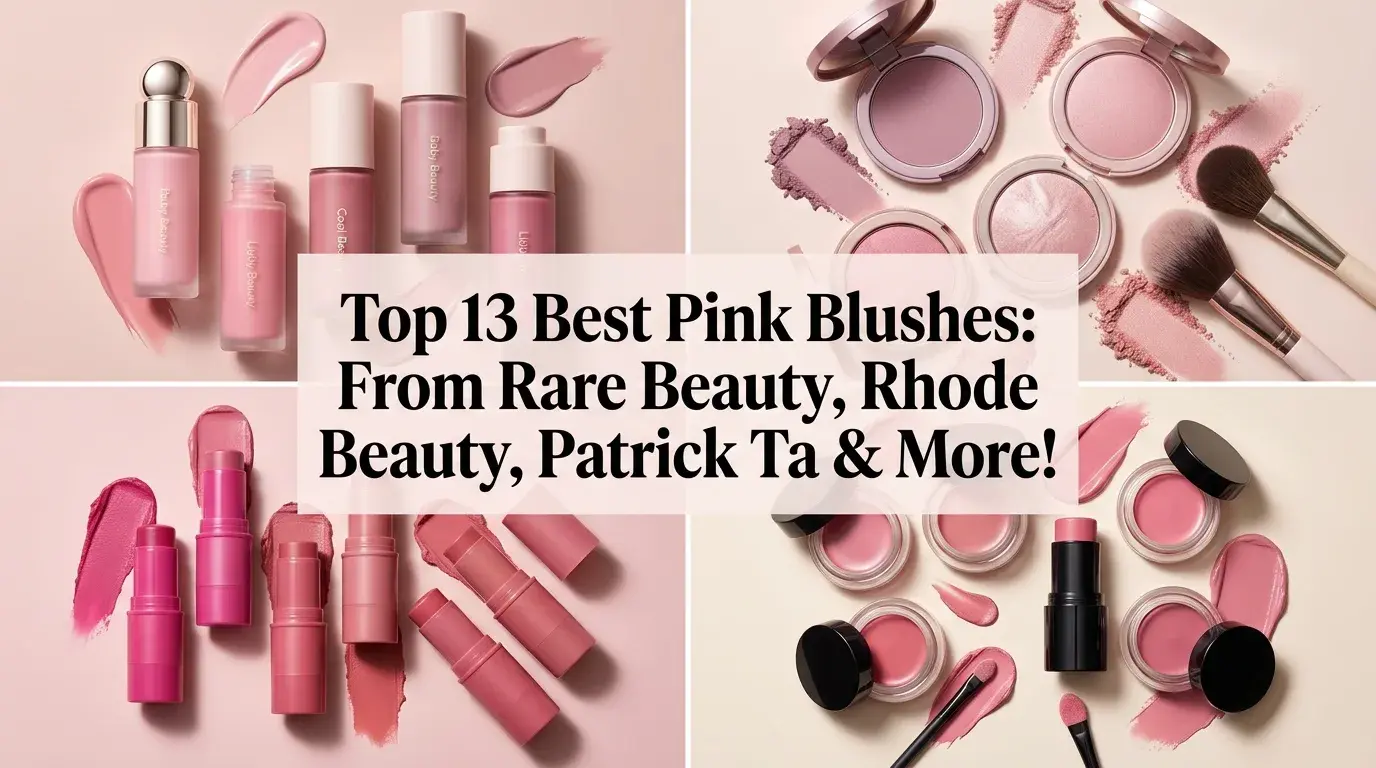 A curated collection of pink blush makeup products in liquid, cream, and powder formulas with rosy swatches.