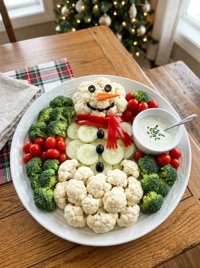 A cute vegetable snowman made from cauliflower and cucumber, decorated with olive buttons, a carrot nose, and a red pepper scarf.
