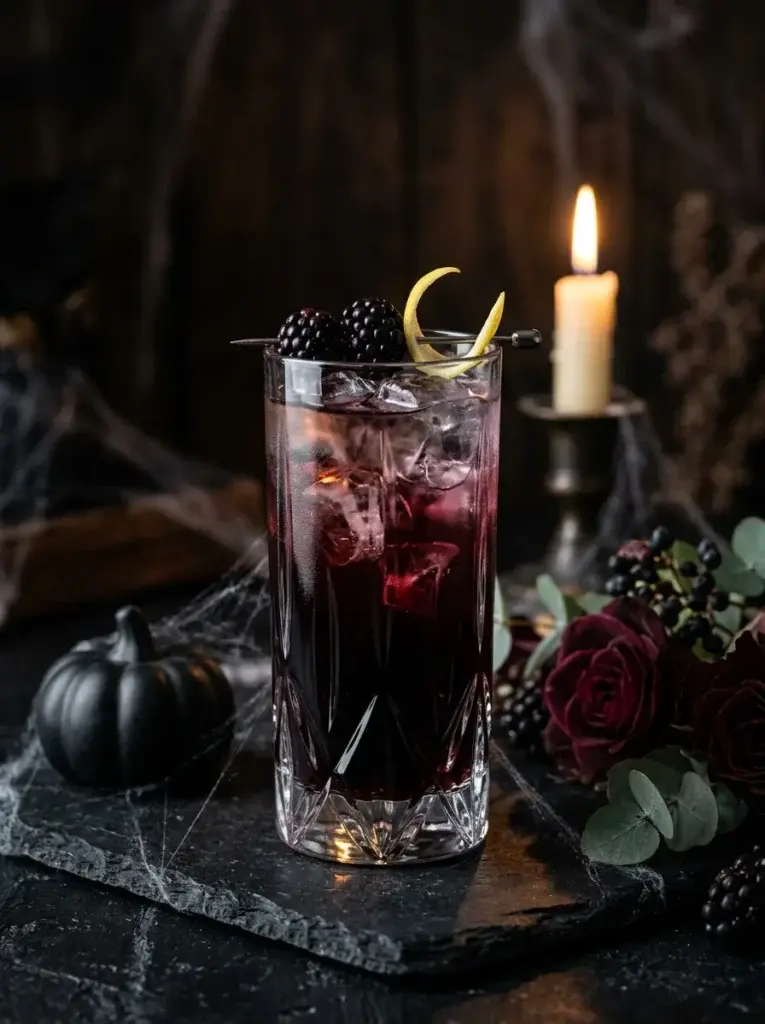 A dark blackberry cocktail with a burgundy-purple hue, fresh berries, lemon garnish, and subtle spiderweb decorations.