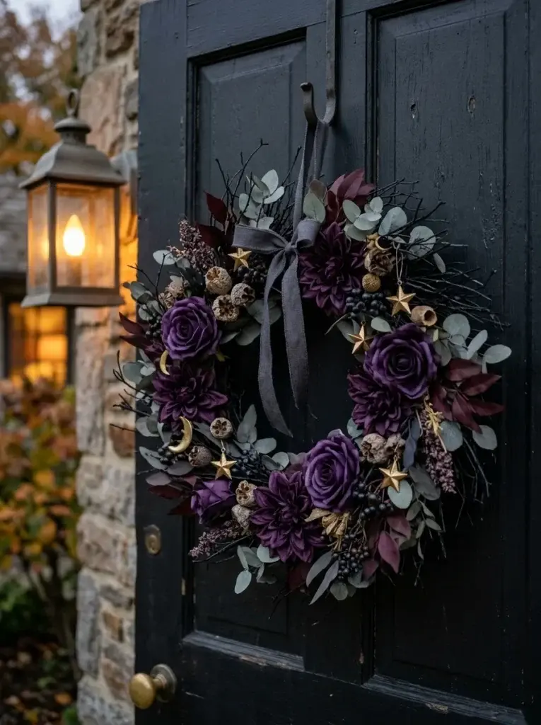 A dark botanical witchy wreath featuring purple flowers, black twigs, burgundy foliage, eucalyptus leaves, and antique gold stars.