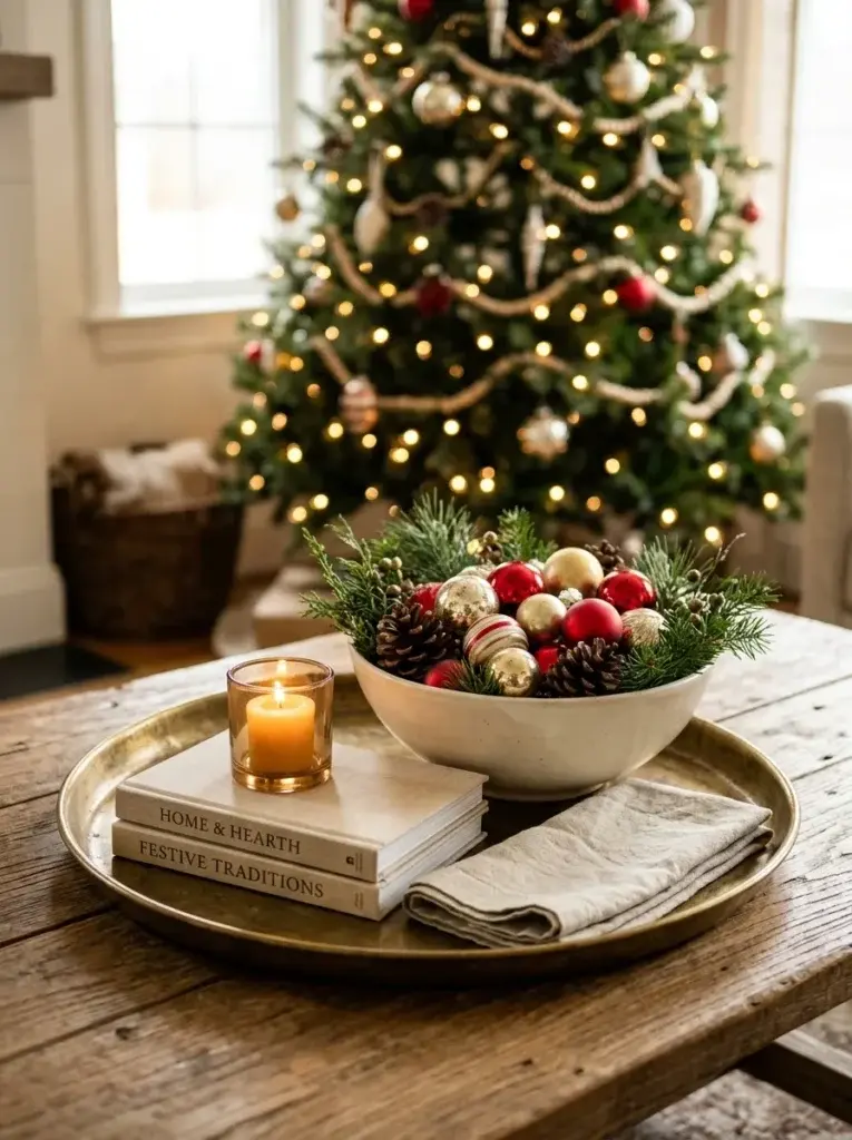 A decorative Christmas tray with a cream bowl of red and gold ornaments, pinecones, evergreen sprigs, and a glass candle holder.