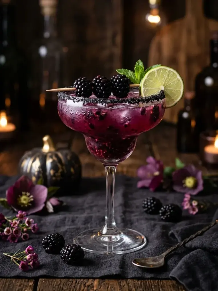 A deep-purple blackberry margarita with a black salt rim, fresh blackberries, and a lime wedge in a moody Halloween setting.