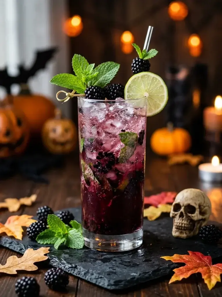 A deep-purple blackberry mojito with fresh mint, lime, crushed ice, and dark Halloween-inspired styling.