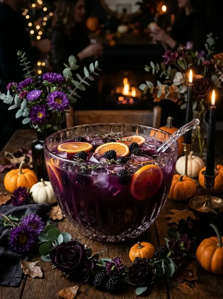 A deep-purple witch's brew punch with floating citrus slices, blackberries, ice, and Halloween decorations.