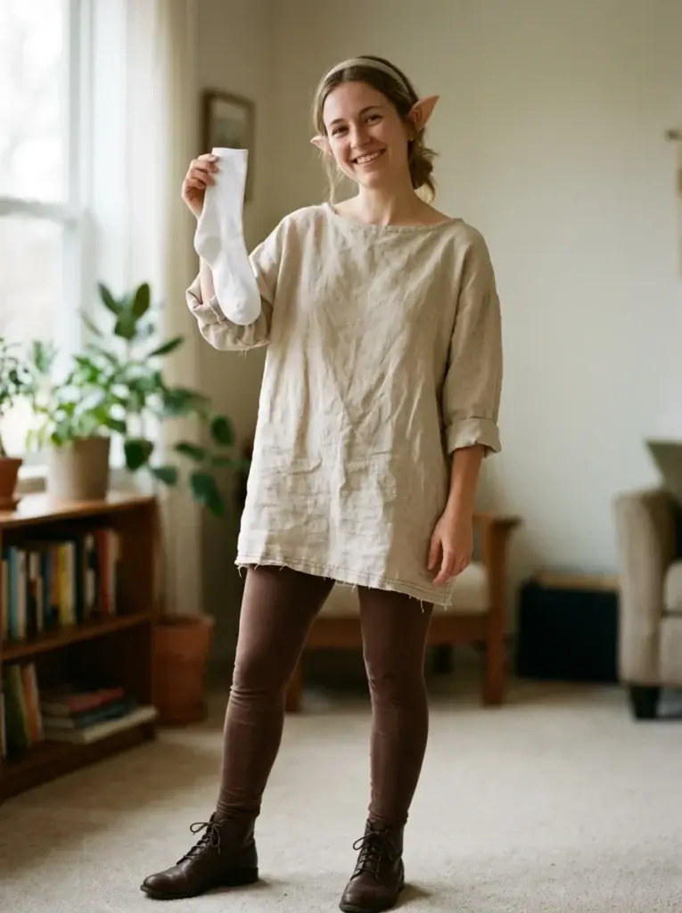 A Dobby-inspired costume featuring an oversized beige shirt, lightweight pointed ears, brown trousers, and a white sock.