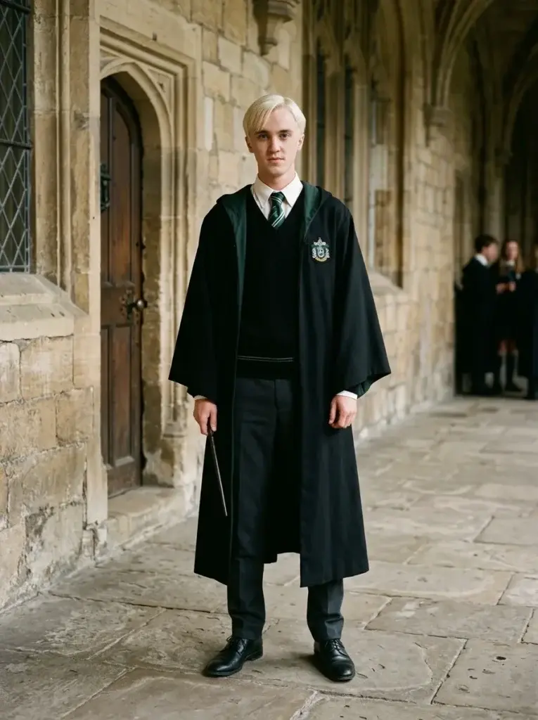 A Draco Malfoy-inspired costume with a black robe, white shirt, green-and-silver tie, dark trousers, and neatly styled blond hair.