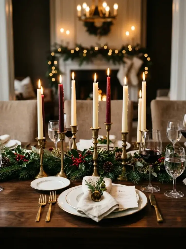 A dramatic Christmas tablescape with burgundy and ivory taper candles, brass holders, and evergreen greenery.