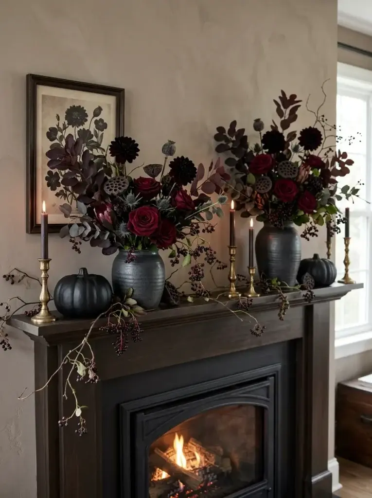 A dramatic Halloween mantel with burgundy roses, dark dahlias, charcoal vases, black pumpkins, and antique brass candleholders.