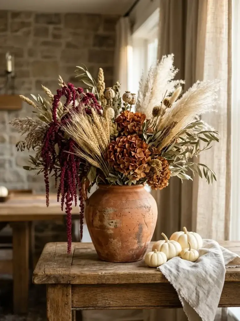 A dried Thanksgiving floral arrangement of burgundy flowers, golden wheat, pampas grass, and olive foliage.