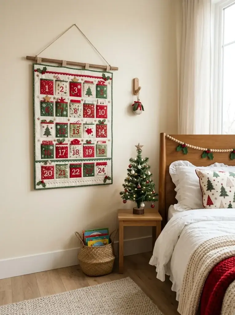 A fabric Christmas advent calendar with colorful pockets, stitched stars, and tiny tree motifs displayed in a festive child’s bedroom.
