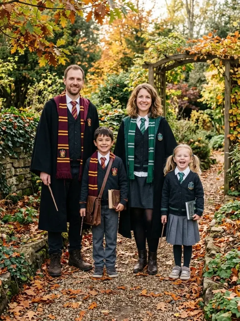 A family of four wearing coordinated Hogwarts-inspired costumes with black robes, colorful house scarves, books, and handmade wands.