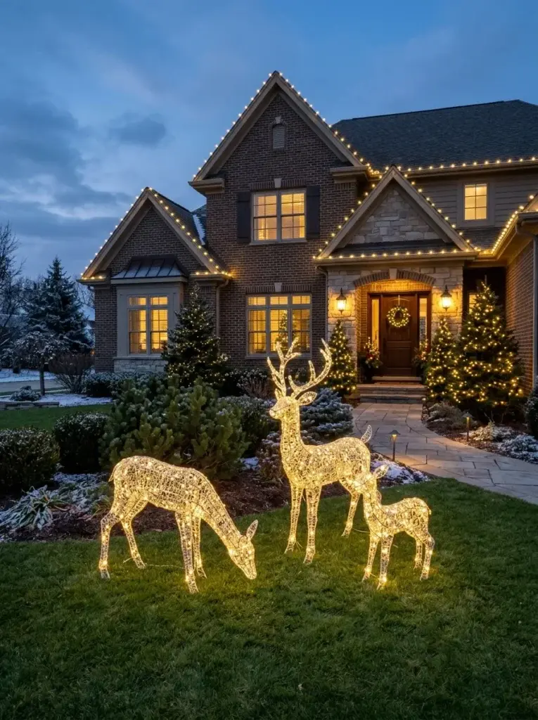 A family of warm white illuminated reindeer displayed on a lawn in front of a Christmas-lit home.