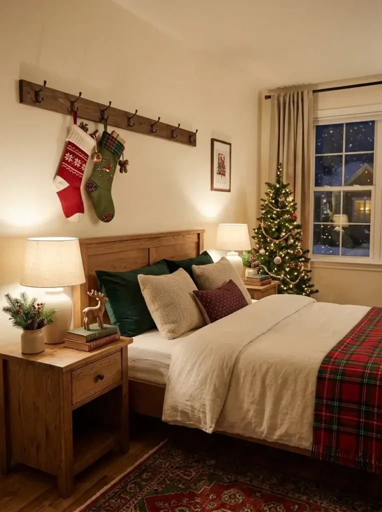 A festive bedroom with coordinated Christmas stockings, evergreen bedside arrangements, green pillows, and a red tartan blanket.