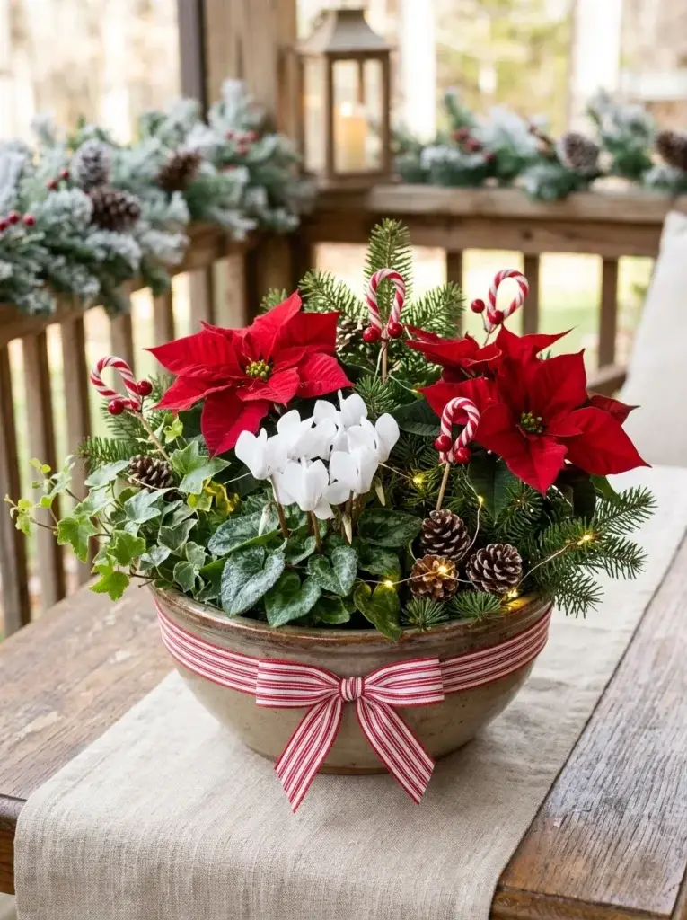 A festive Christmas bowl planter featuring red poinsettias, white cyclamen, trailing ivy, and peppermint-inspired accents.