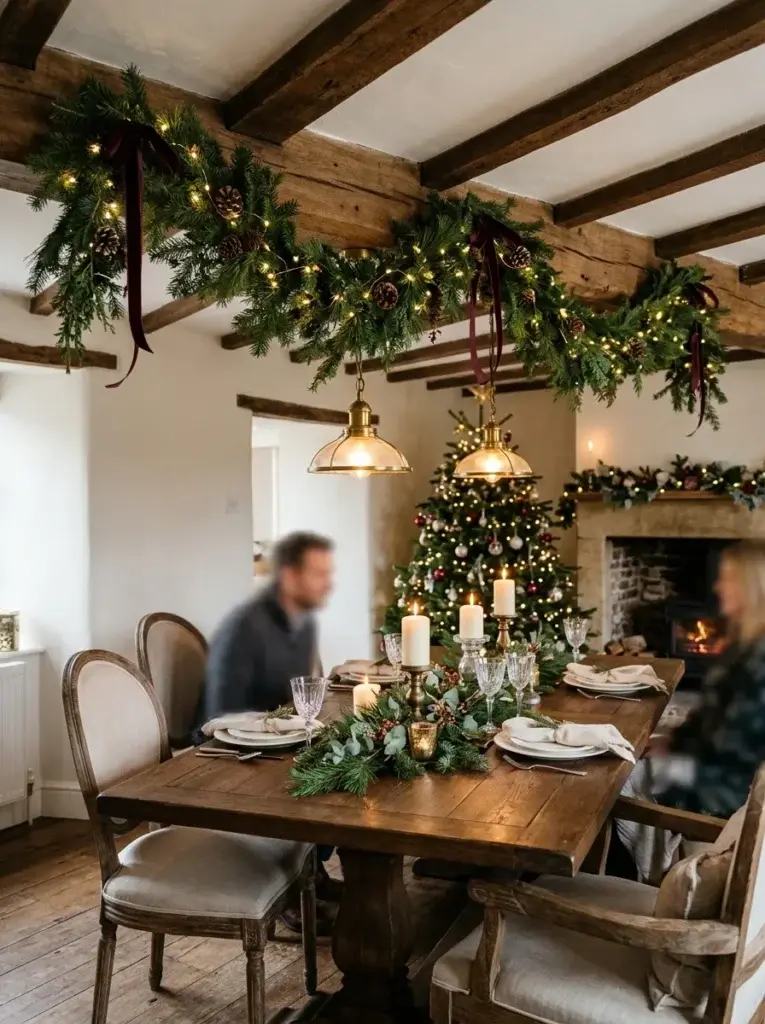 A festive Christmas dining room with overhead evergreen garlands, warm fairy lights, and a coordinated green tablescape.
