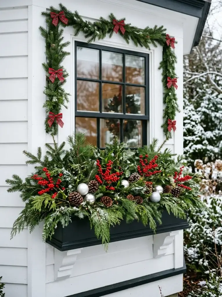A festive Christmas window box overflowing with cedar, juniper, red berries, pinecones, and warm-white lights.