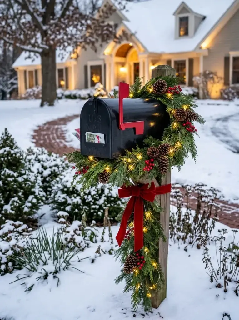 A festive outdoor mailbox wrapped in evergreen garland, red ribbon, pinecones, and subtle Christmas lights.