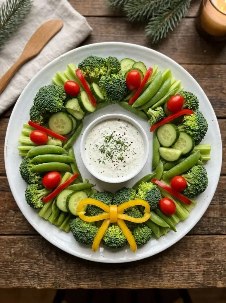 A festive vegetable wreath made with broccoli, cucumber, snap peas, cherry tomatoes, and a yellow bell pepper bow.