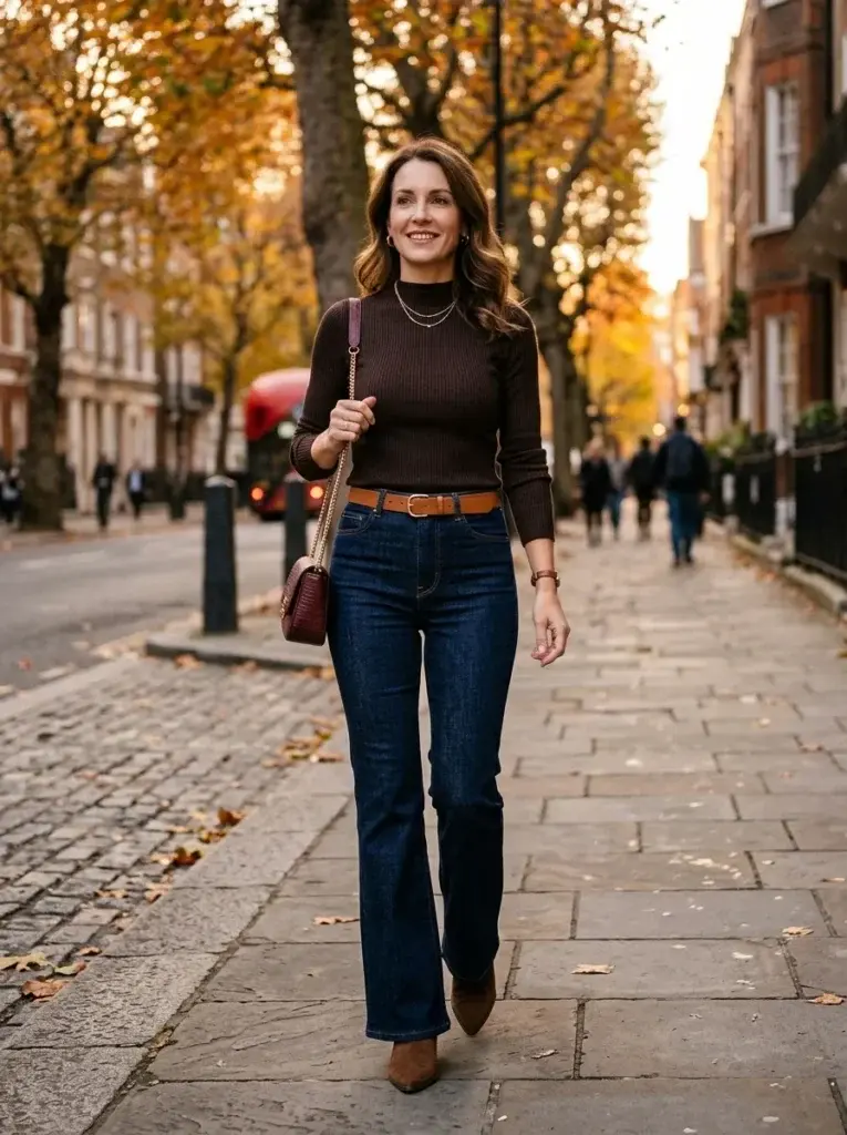 A fitted chocolate mock-neck top with high-waisted dark flared jeans, brown suede ankle boots, and a burgundy shoulder bag.