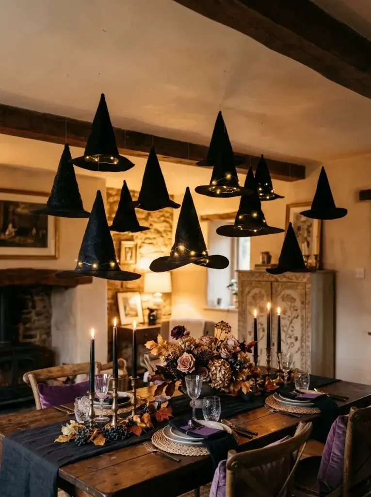 A floating witch hat chandelier with black pointed hats suspended at different heights above an autumn-inspired dining area.