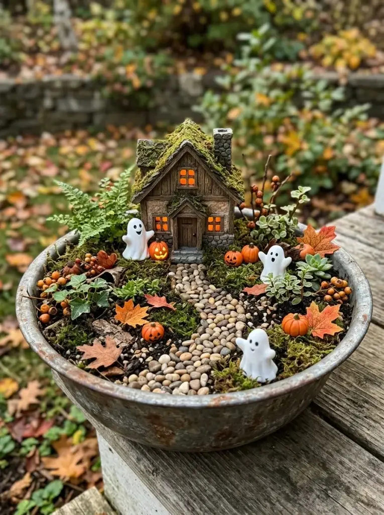 A friendly ghost-themed miniature garden with white ghost figurines, pumpkins, moss, and a tiny cottage.