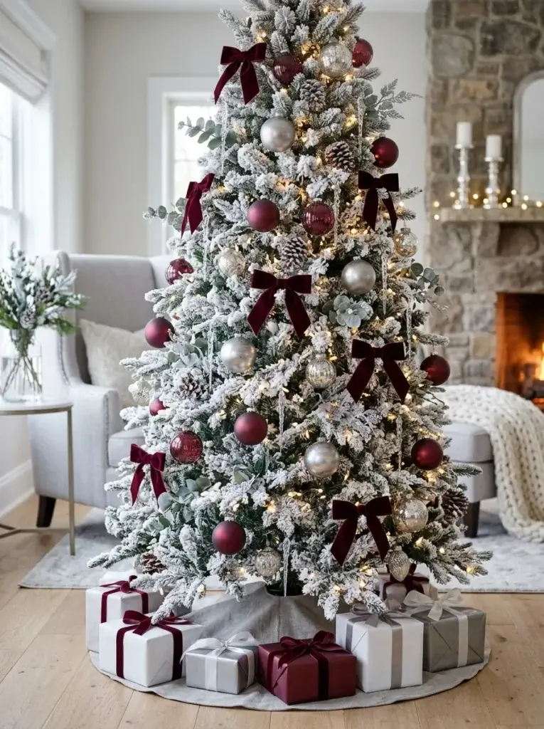 A frosted burgundy and silver Christmas tree featuring crystal icicles, wine-red baubles, and delicate metallic accents.