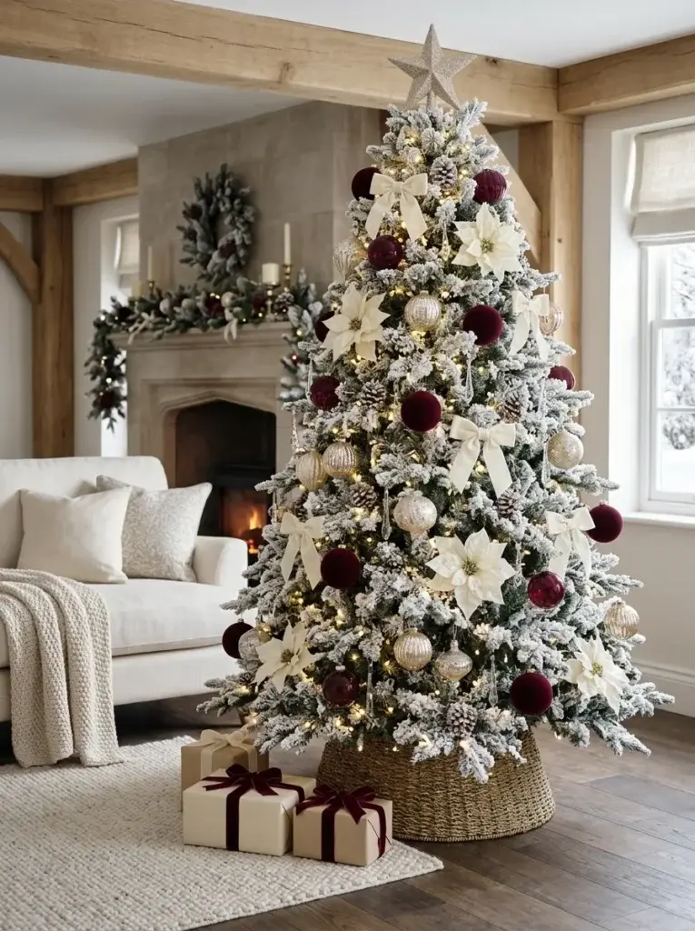 A frosted Christmas tree with burgundy ornaments, ivory flowers, champagne accents, and snowy evergreen branches.