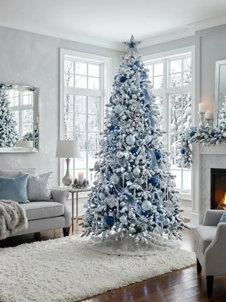 A frosted white Christmas tree decorated with icy-blue baubles, silver snowflakes, and shimmering crystal ornaments.