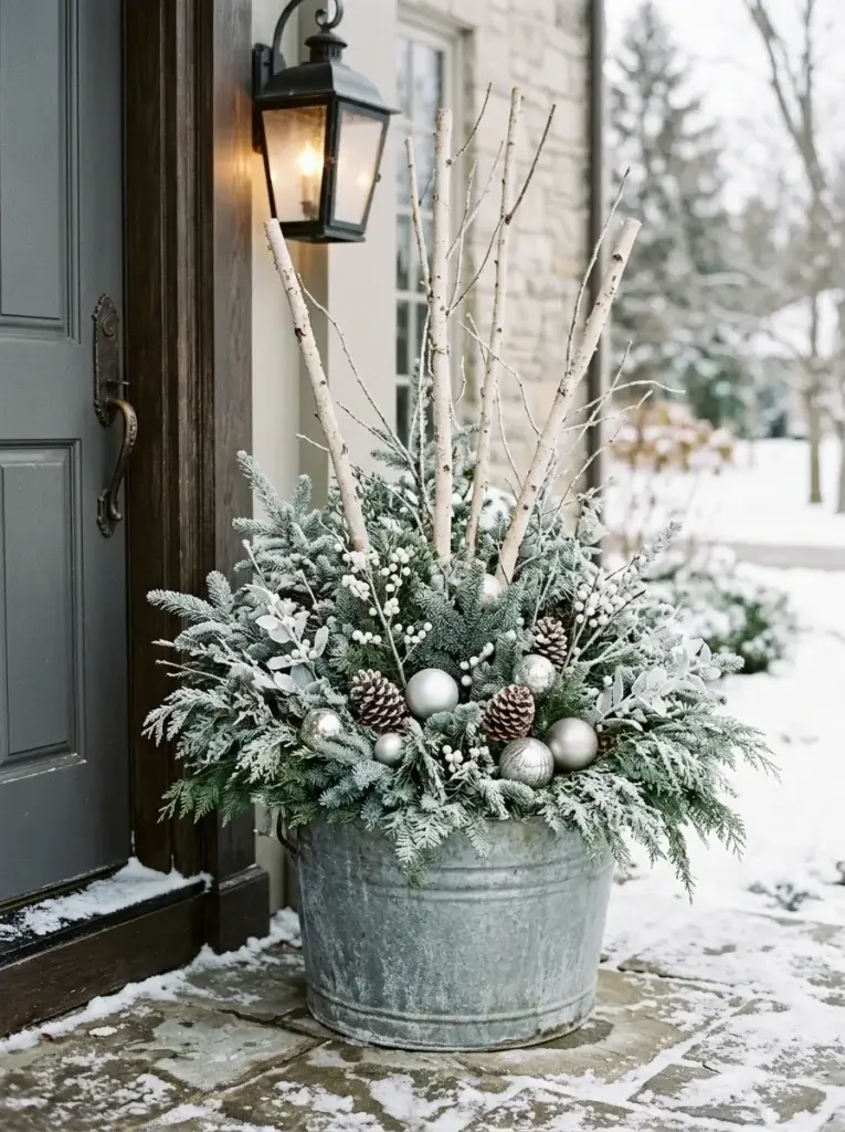 A frosty Christmas planter featuring blue spruce, silver ornaments, pale berries, and natural birch branches.