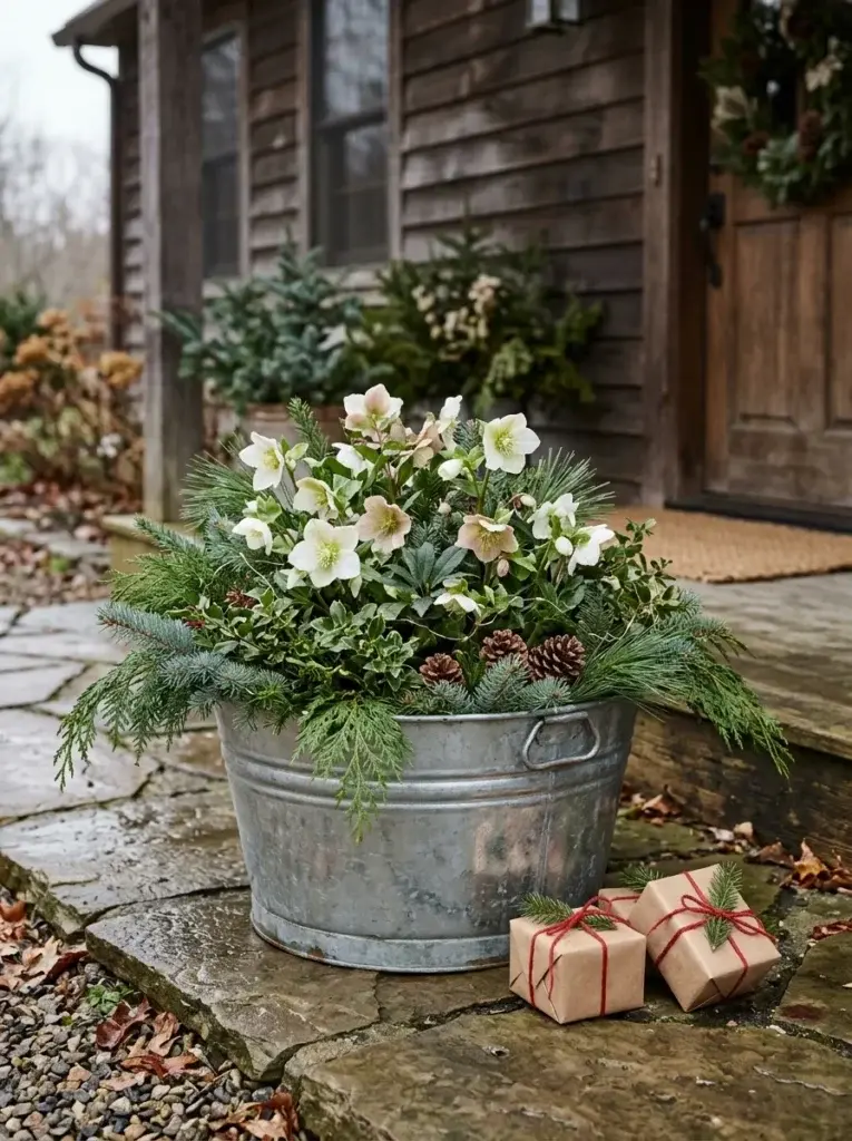 A galvanized Christmas planter filled with hellebores, evergreen branches, pinecones, and subtle seasonal lights.