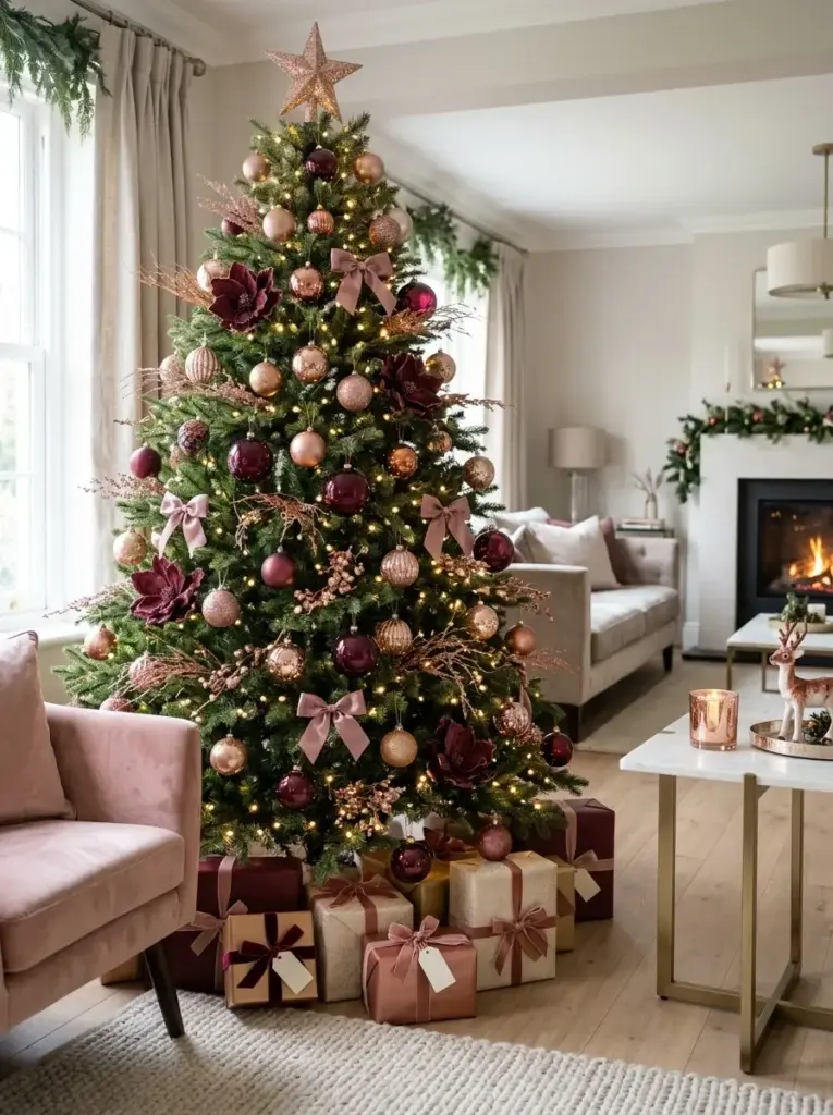 A glamorous burgundy and rose-gold Christmas tree with shimmering metallic ornaments and soft satin ribbons.