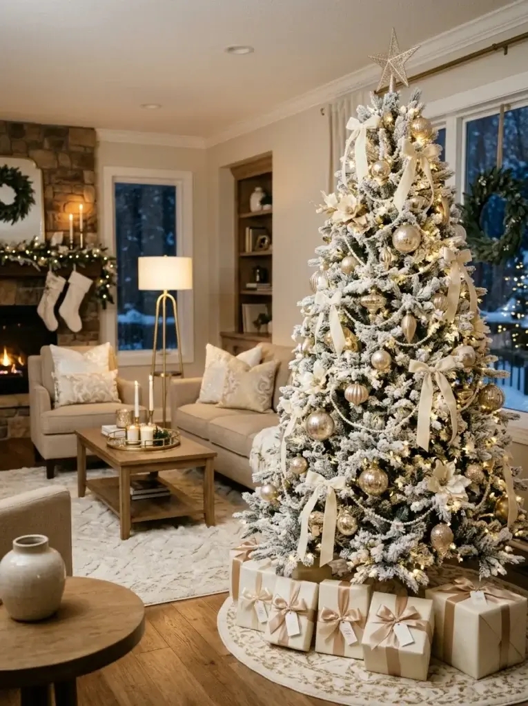 A glamorous white Christmas tree with champagne ornaments, ivory velvet ribbons, pearl garlands, and warm golden lights.