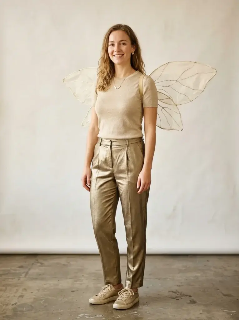 A Golden Snitch-inspired costume with a metallic gold outfit, lightweight translucent wings, and gold accessories.