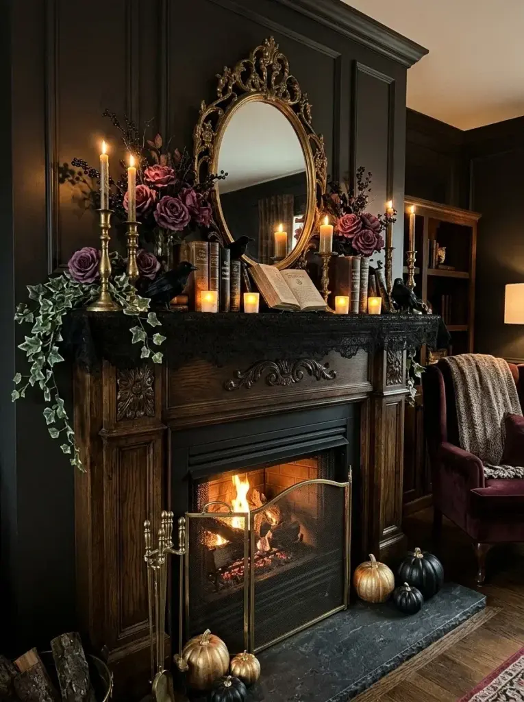 A gothic Halloween mantel decorated with black lace, plum flowers, vintage books, antique gold candleholders, and an ornate mirror.