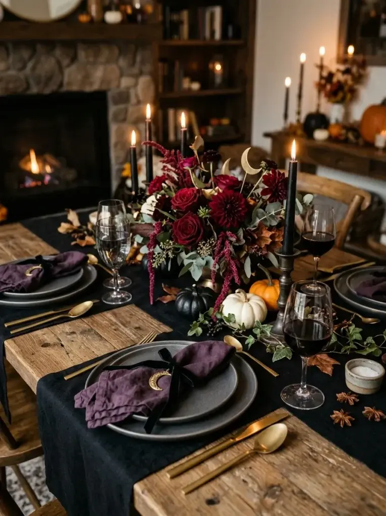 A gothic Halloween tablescape with black linens, charcoal plates, antique gold flatware, smoky glassware, purple napkins, and dark florals.